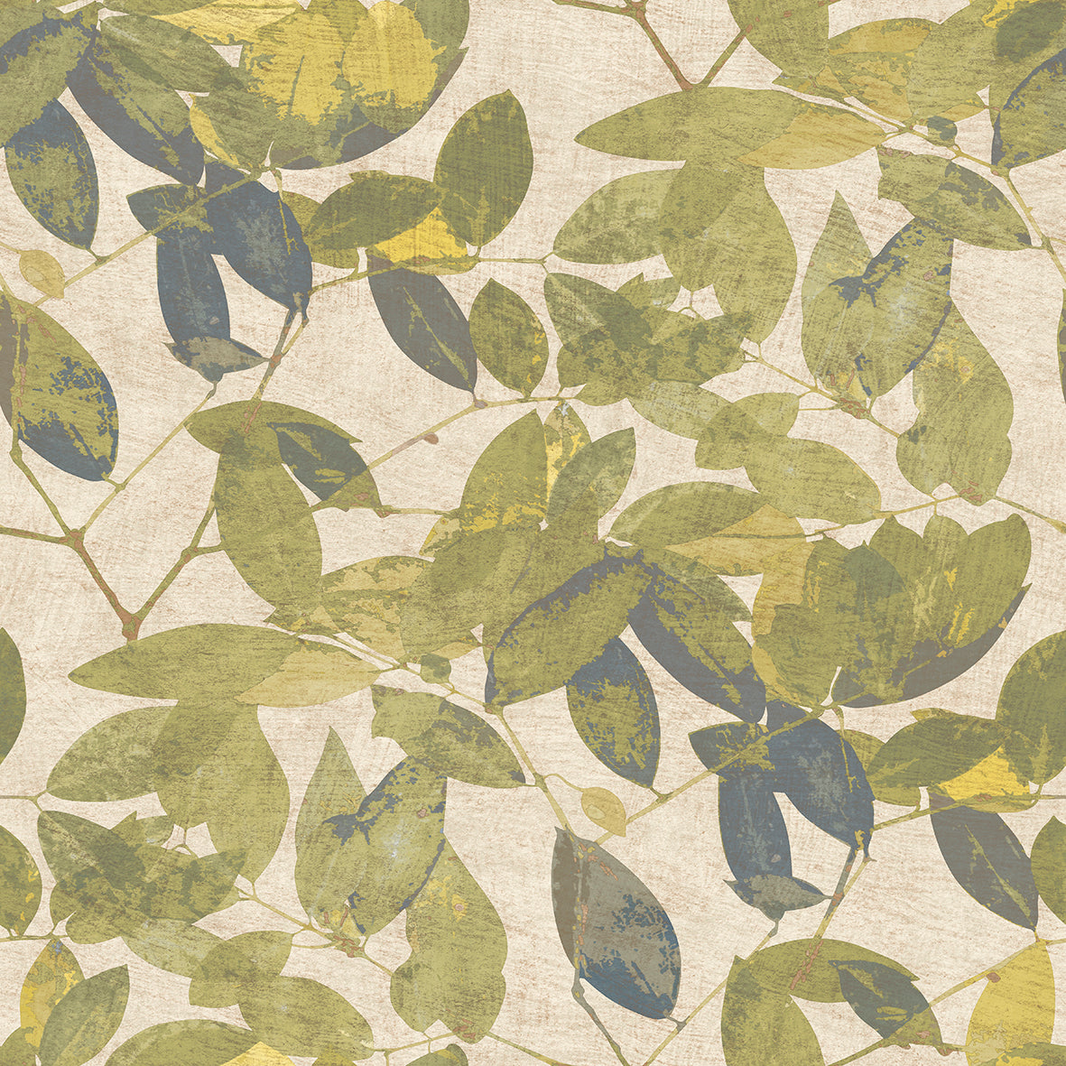 Beech leaf pattern in golden green tones on a beige textured wallpaper background.