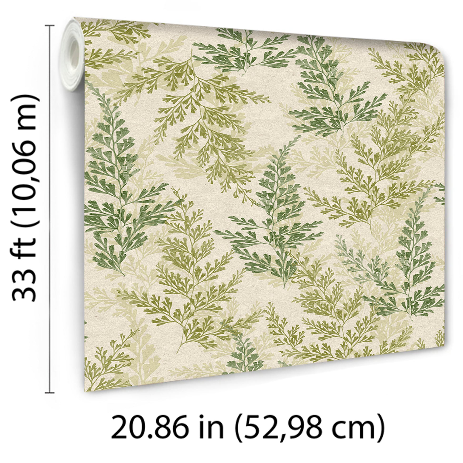 Rolled botanical wallpaper with green fern leaves on cream-beige background, ideal wall decor for living spaces.