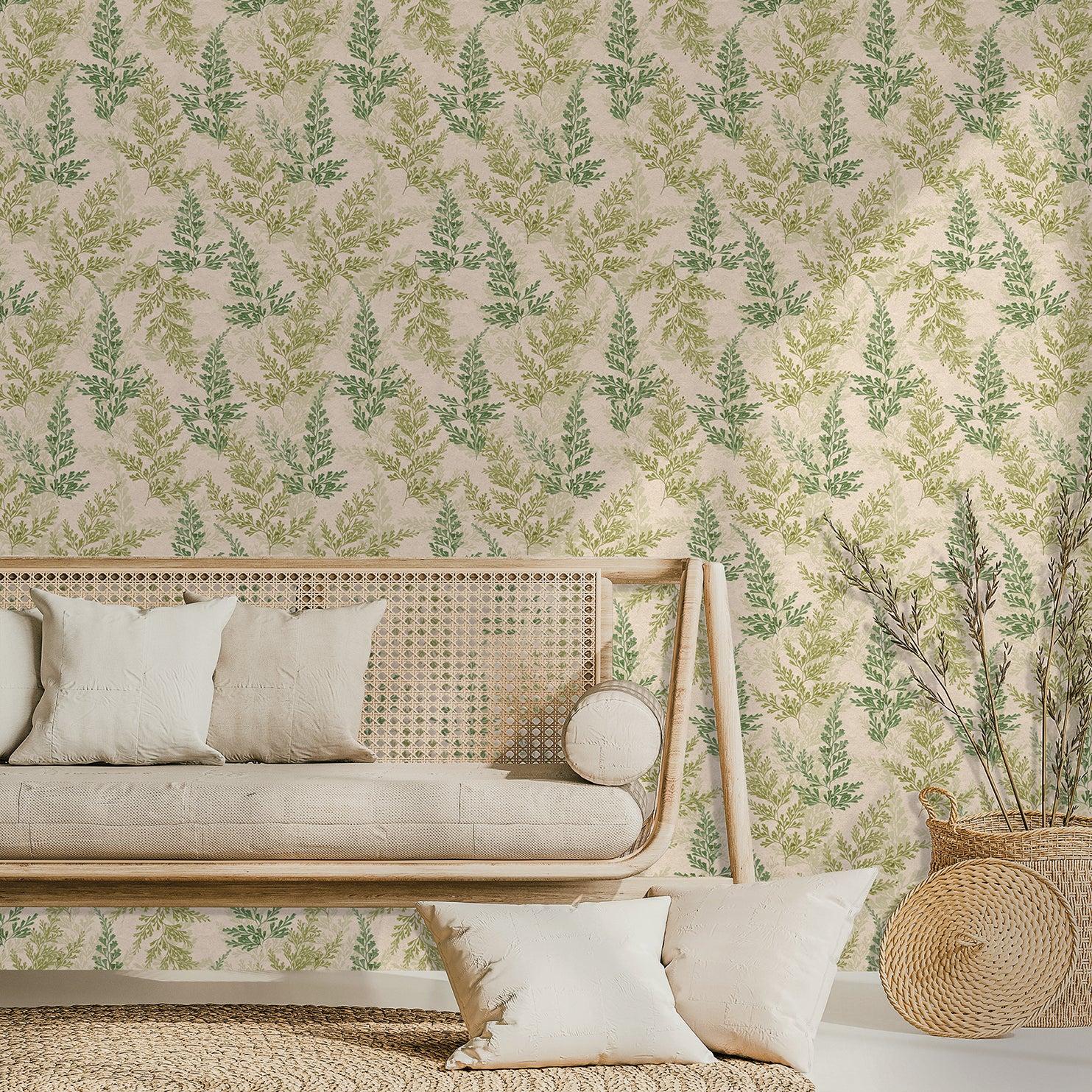 Neutral living room with green watercress herb wallpaper, a rattan sofa with cream cushions, and a woven basket planter.