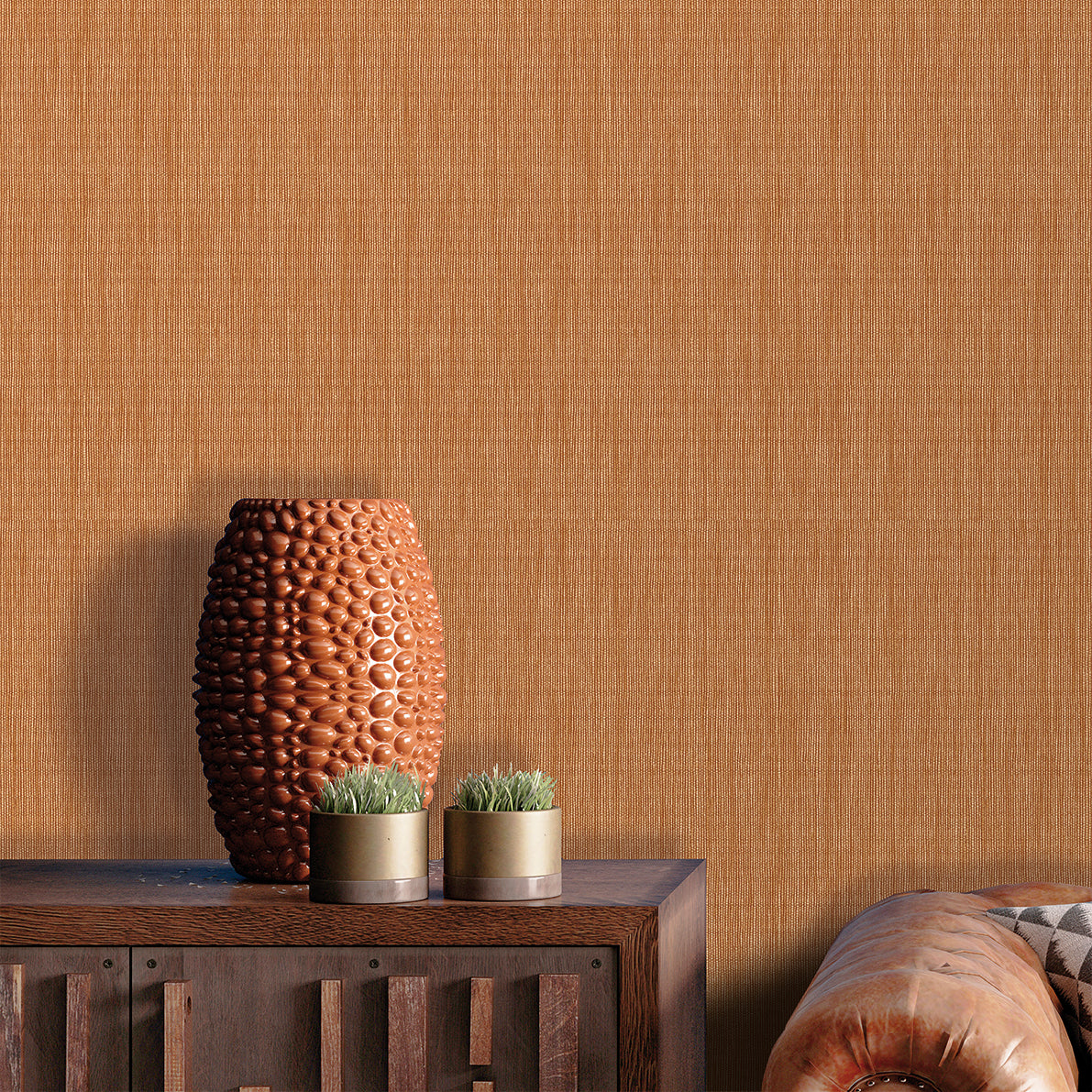 Veer Decor Rafia Grasscloth Mango Wallpaper showing woven raffia texture in warm mango orange hues, ideal for tropical, coastal, or organic modern interiors.