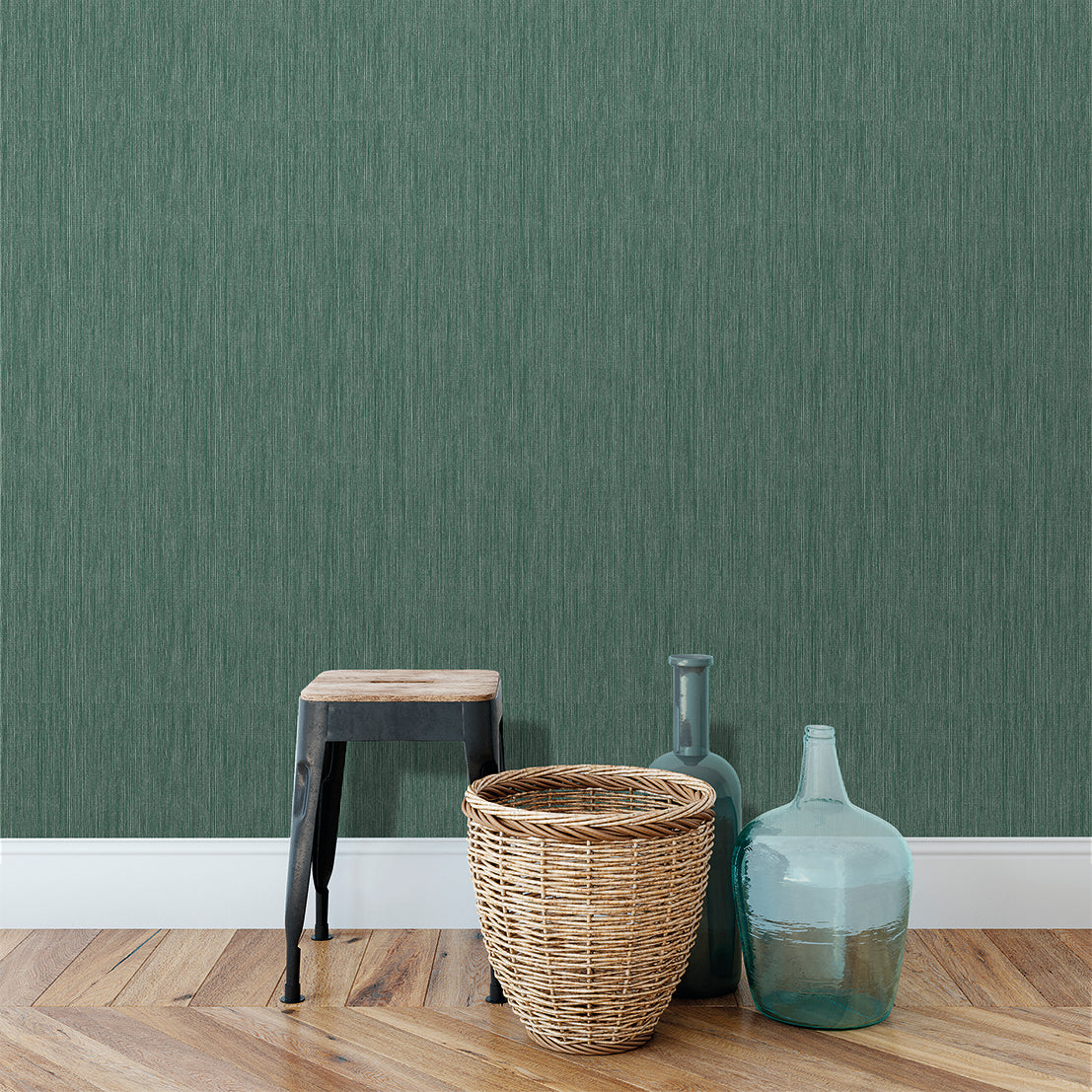 Rafia Grasscloth Emerald Wallpaper with rich green raffia texture, faux grasscloth finish, non-woven designer wallcovering for elegant modern interiors.