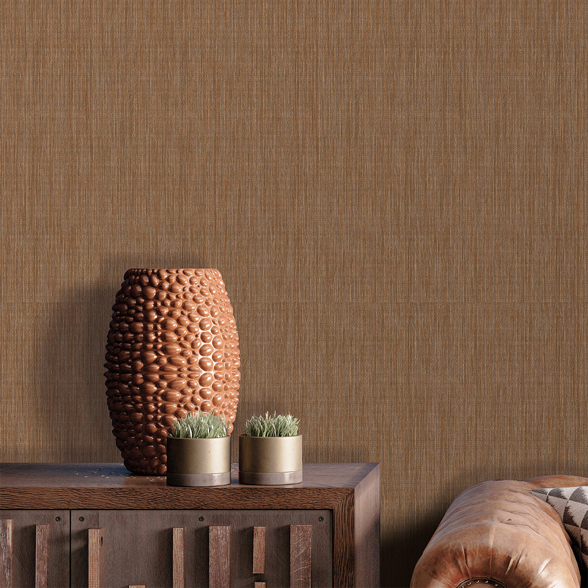 Faux raffia grasscloth wallpaper in warm brown tones, with textured, woven appearance and subtle raised ink detail — ideal for adding natural texture and elegance to interiors