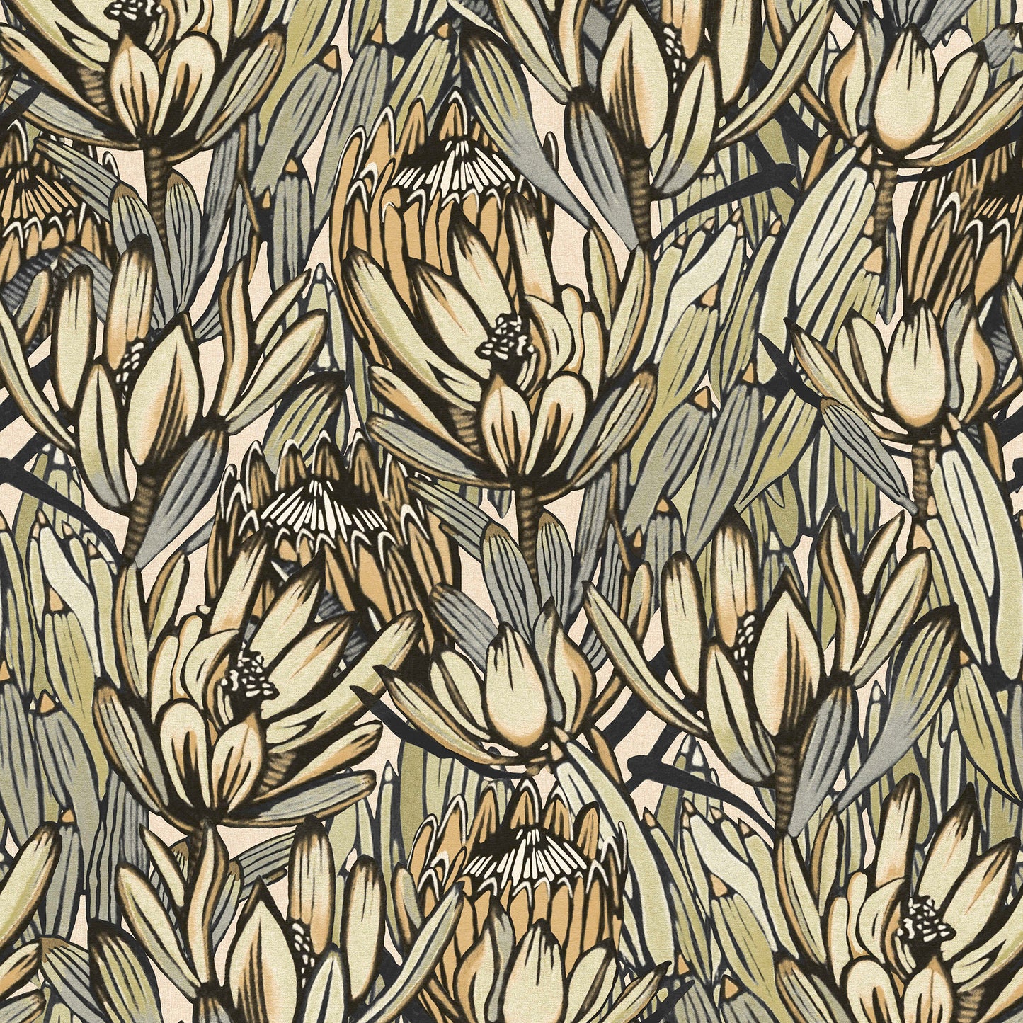 Cream, beige, olive and gray floral pattern with leafy buds; dense botanical wallpaper print.