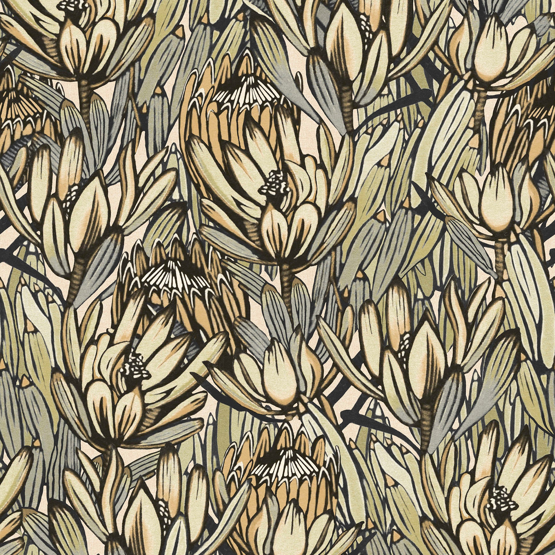 Cream, beige, olive and gray floral pattern with leafy buds; dense botanical wallpaper print.