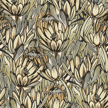Cream, beige, olive and gray floral pattern with leafy buds; dense botanical wallpaper print.