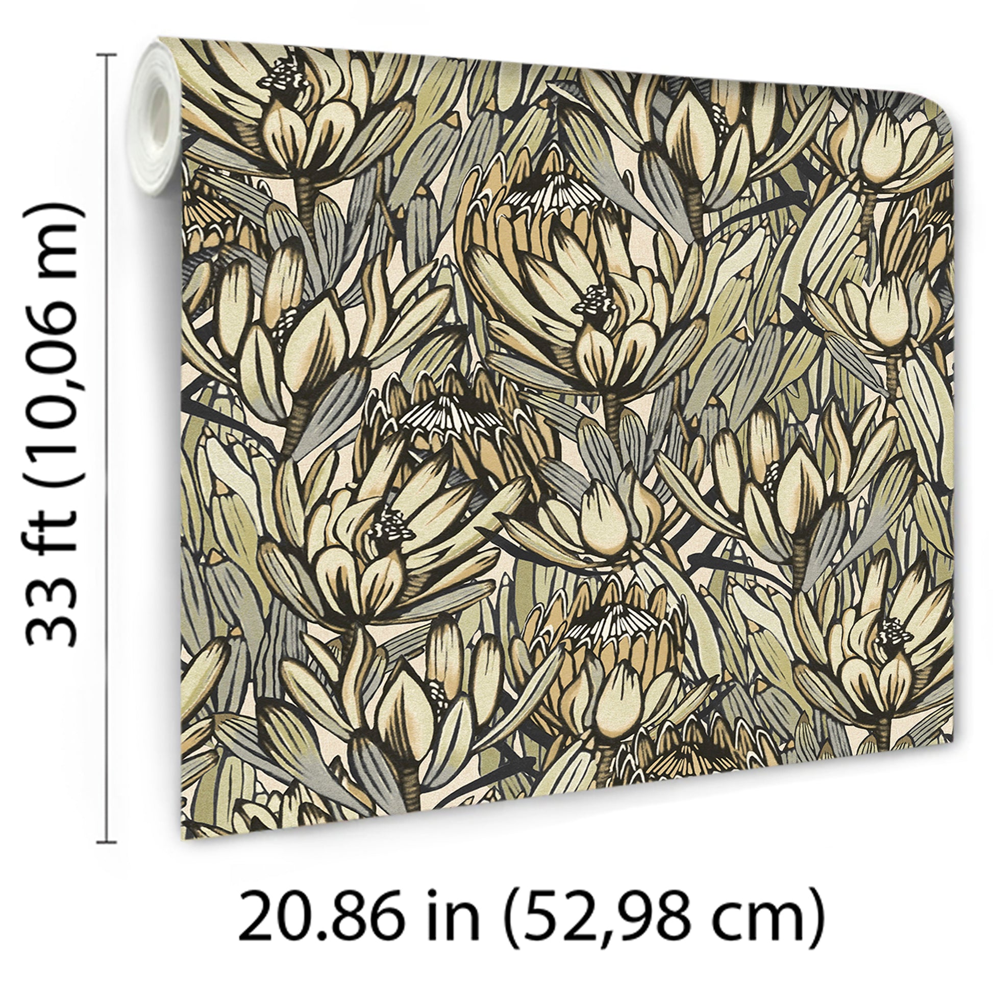 Neutral botanical wallpaper with beige, olive & gray florals; large leaf motif on a wallcovering roll, 52.98 cm x 10 m.