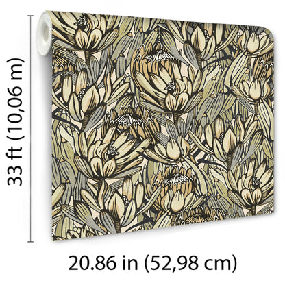 Neutral botanical wallpaper with beige, olive & gray florals; large leaf motif on a wallcovering roll, 52.98 cm x 10 m.
