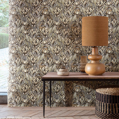 Bold botanical wallpaper with a cream & grey floral pattern.