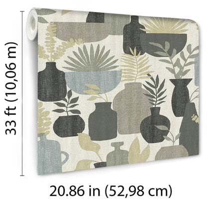 Veer Decor Botanica Clayworks White and Sage Wallpaper Nature Mid Century, Transitional, Contemporary Sage  Wallpaper - 8251-AE1