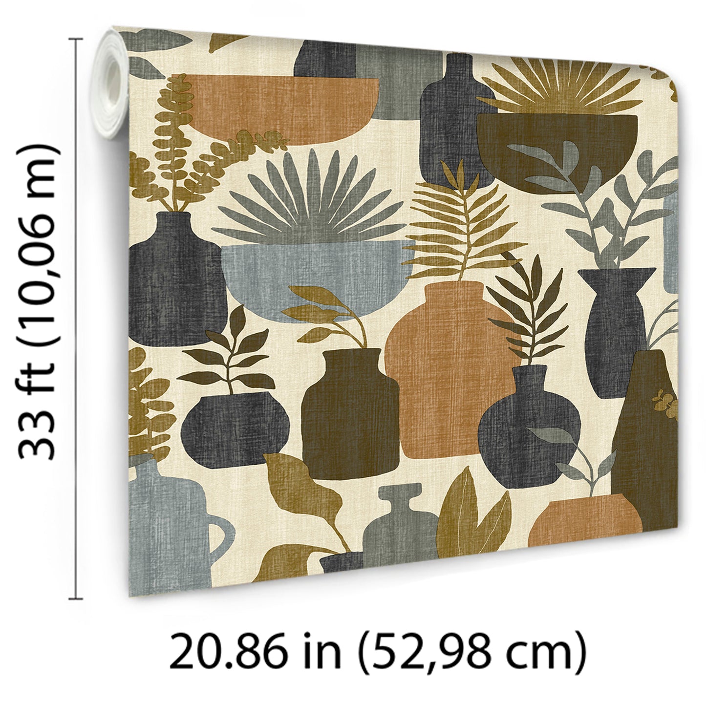 Abstract botanical wallpaper pattern in beige & brown with muted blue, olive, ochre accents.