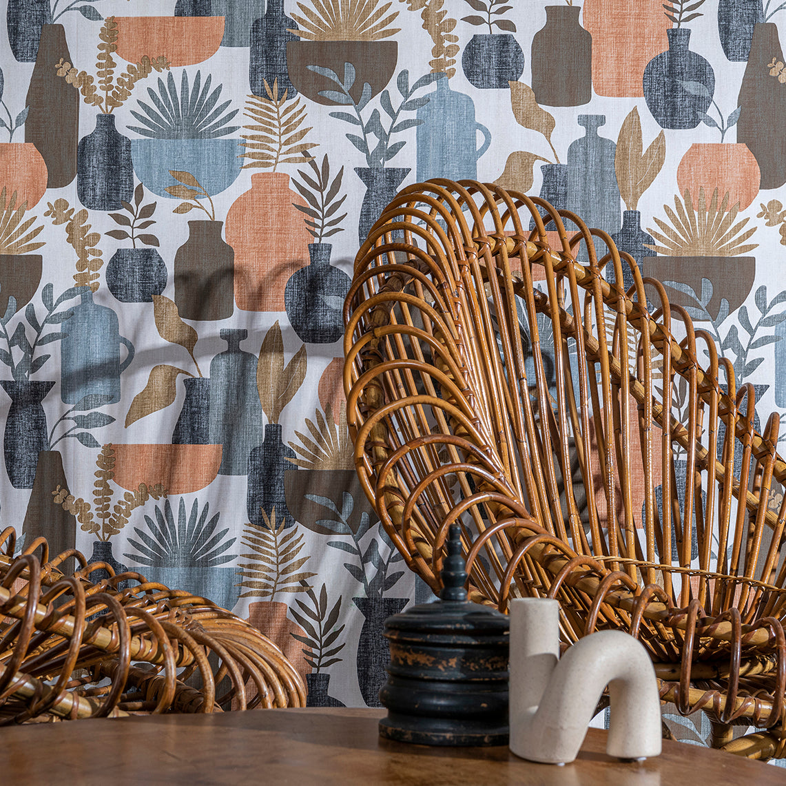 Beige and brown botanical wallpaper with a nature-inspired mid-century modern design.