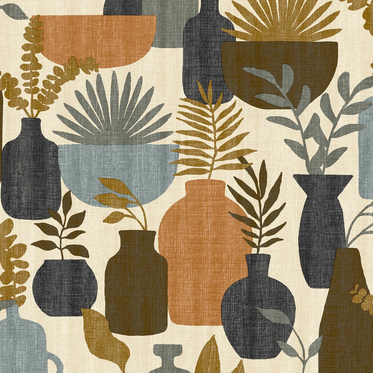 Muted botanical print featuring assorted vases and foliage in cream, navy, olive, rust and blue on textured wallpaper.