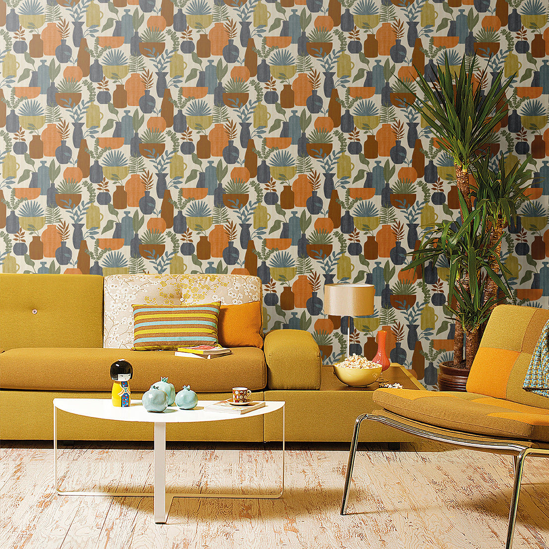 Veer Decor Botanica Clayworks Beige and Orange Wallpaper Nature Mid Century, Transitional, Contemporary Orange  Wallpaper - 8251-AE3