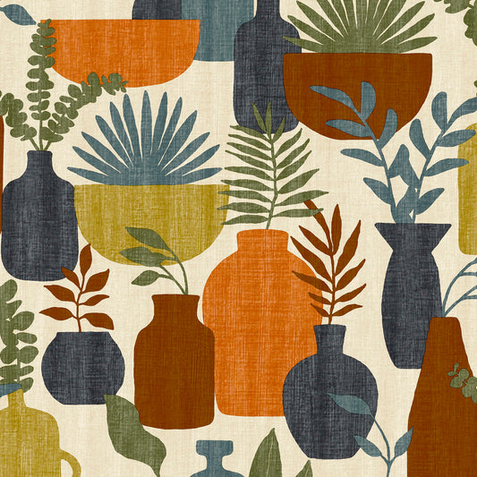 Veer Decor Botanica Clayworks Beige and Orange Wallpaper Nature Mid Century, Transitional, Contemporary Orange  Wallpaper - 8251-AE3
