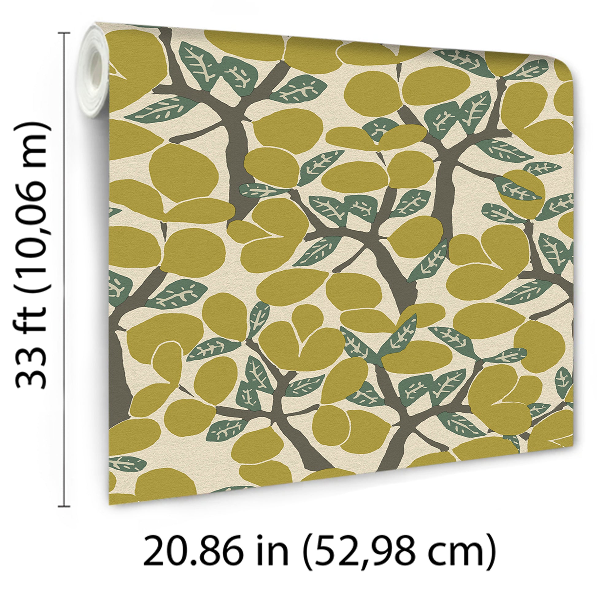 Rolled wallpaper featuring mustard yellow and teal leaves on brown branches against beige background; botanical pattern.