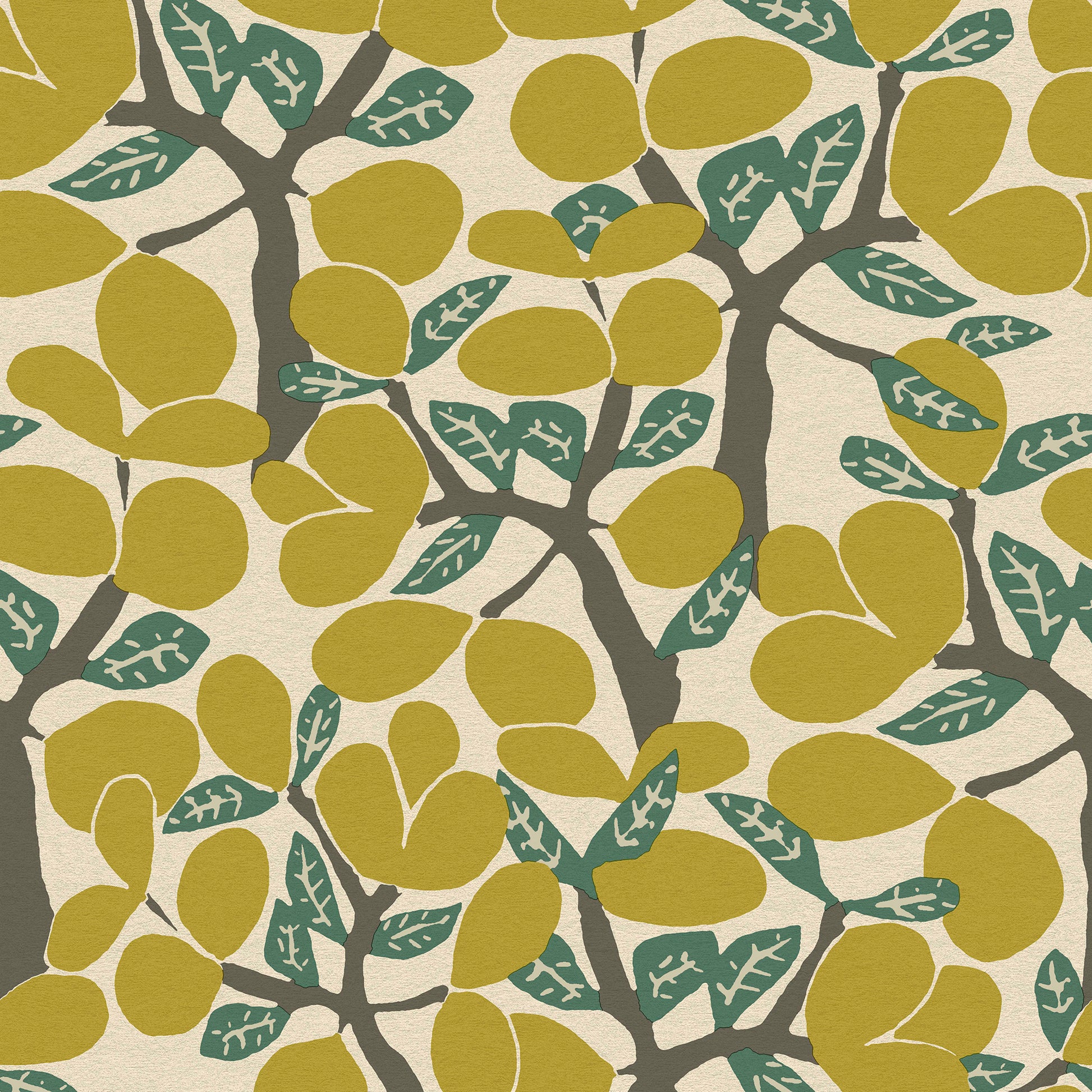 Abstract botanical pattern: olive-yellow rounded leaves on dark branches with teal-veined leaves on beige background.