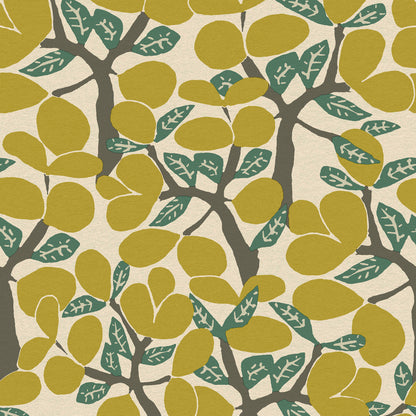 Abstract botanical pattern: olive-yellow rounded leaves on dark branches with teal-veined leaves on beige background.