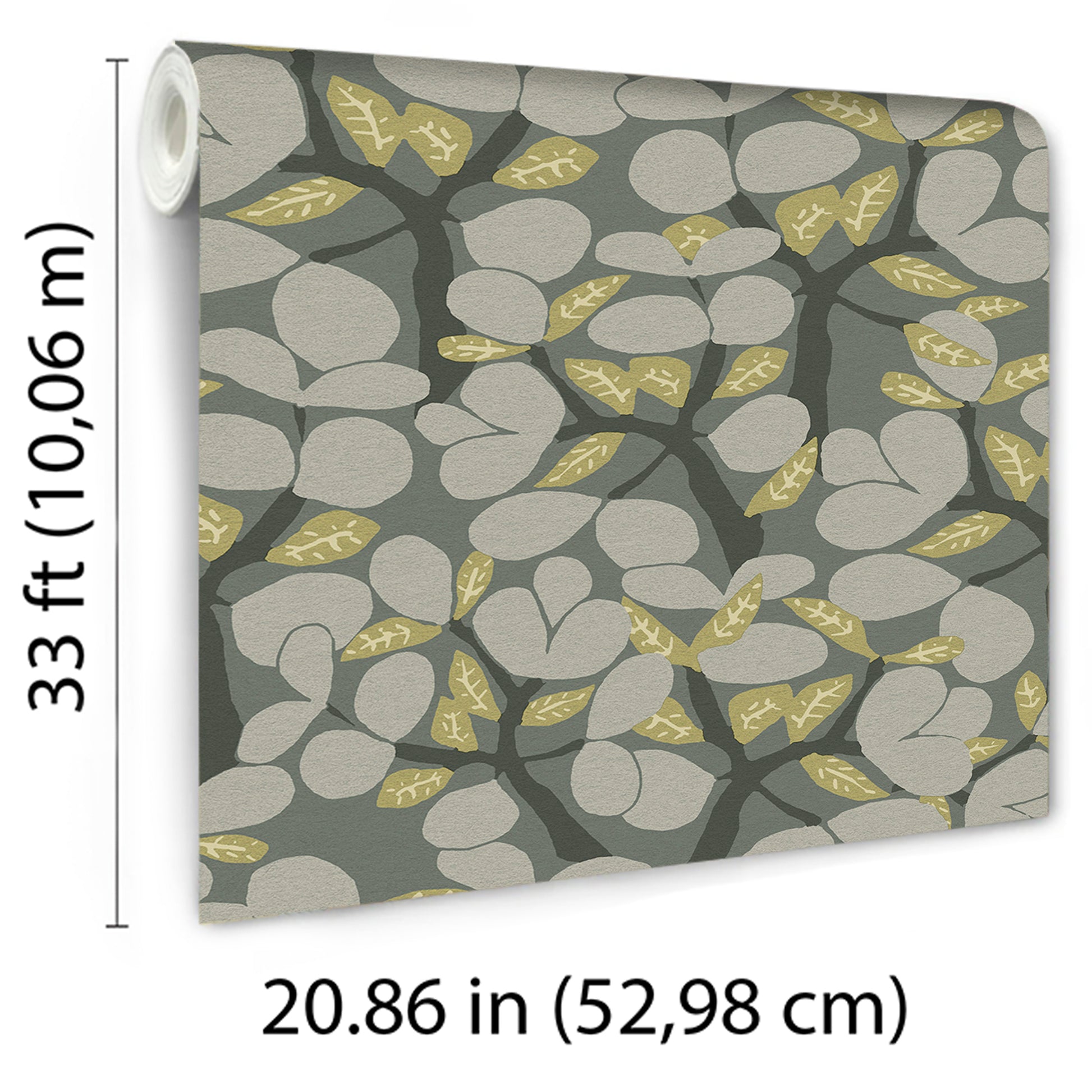 Roll of wallpaper with botanical pattern: gray rounded leaves on dark branches with yellow-gold accent leaves.