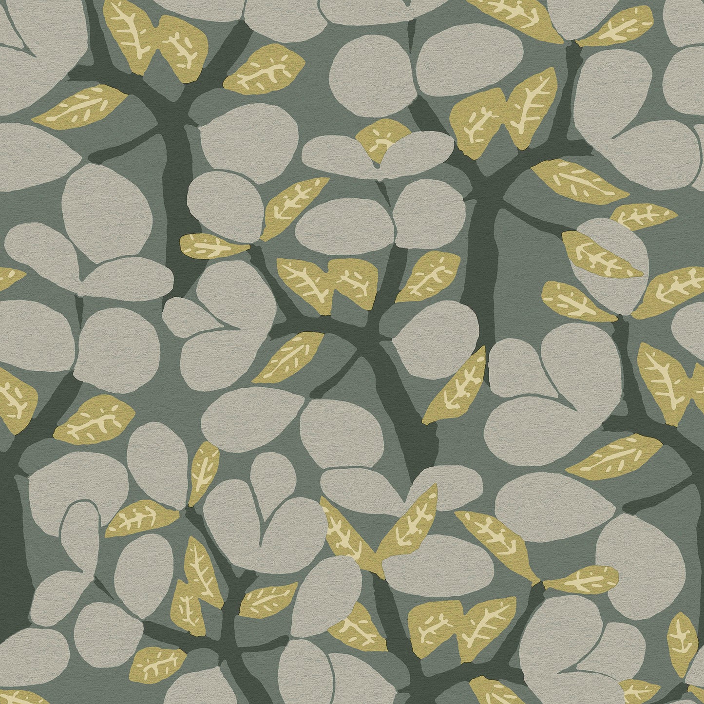 Abstract botanical wallpaper pattern with pale gray rounded leaves, dark stems, and mustard-yellow accents on a muted sage-green background.
