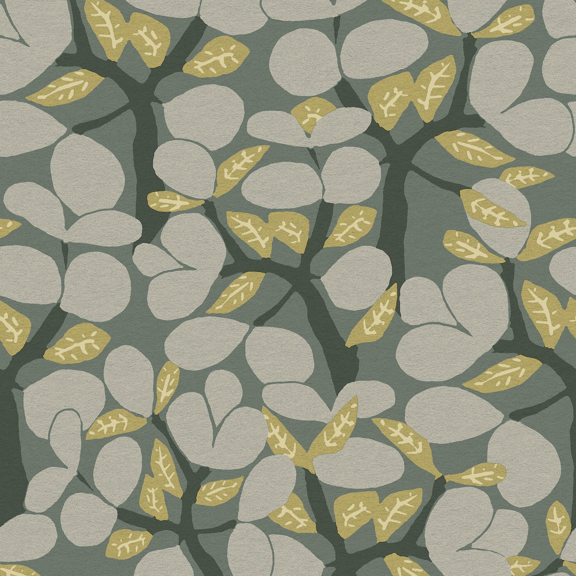 Abstract botanical wallpaper pattern with pale gray rounded leaves, dark stems, and mustard-yellow accents on a muted sage-green background.