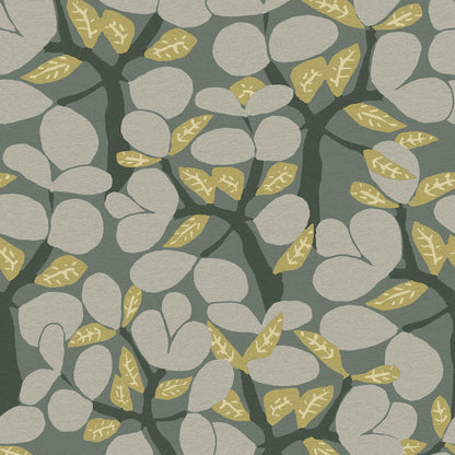 Abstract botanical wallpaper pattern with pale gray rounded leaves, dark stems, and mustard-yellow accents on a muted sage-green background.