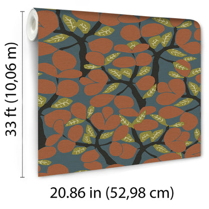 Veer Decor Janneiro Botanica Blue and Orange Wallpaper Nature Mid Century, Transitional, Contemporary Orange  Wallpaper - 8251-AF4