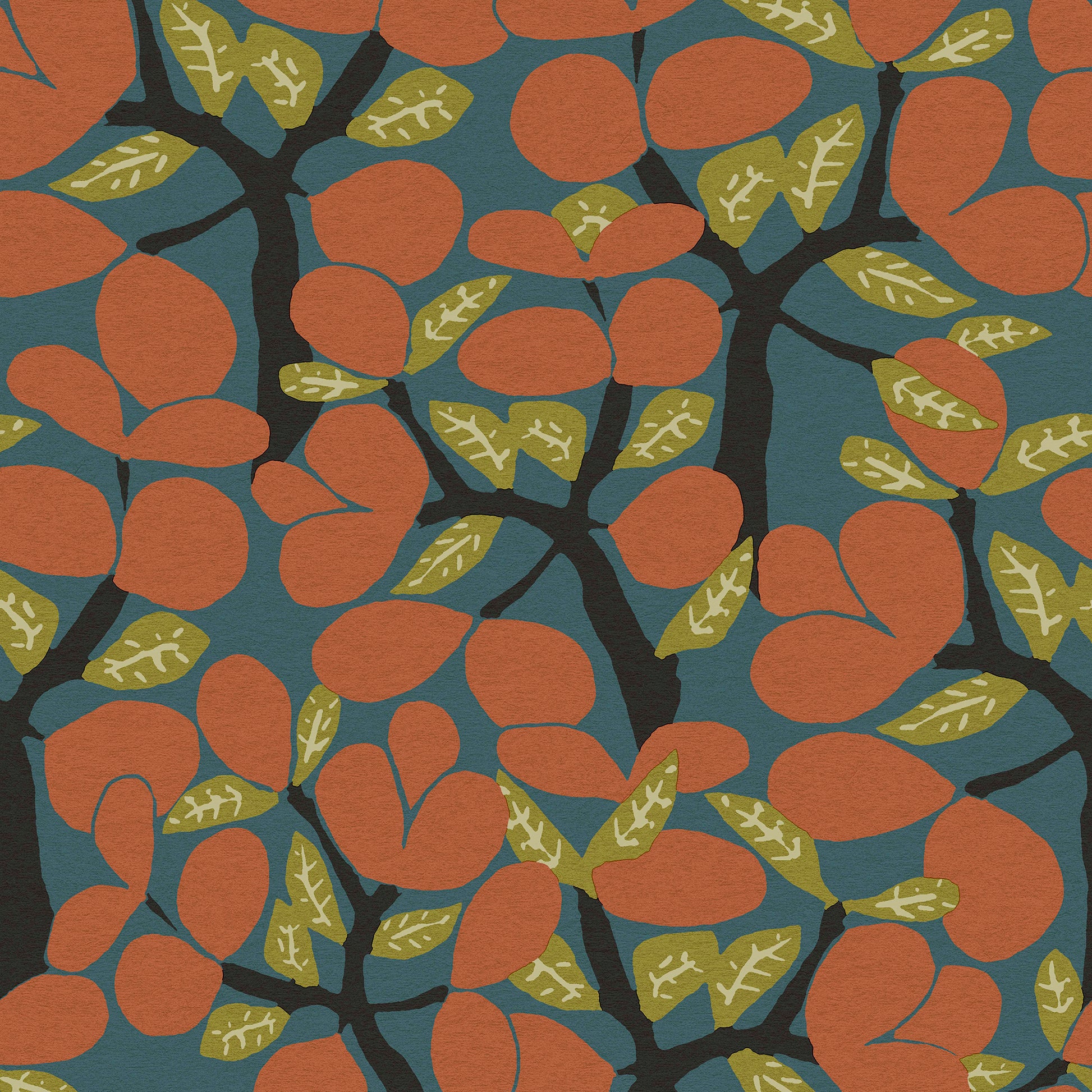 Veer Decor Janneiro Botanica Blue & Orange wallpaper — stylized layered foliage, subtle metallic sheen, non‑woven, washable, paste‑the‑wall botanica design