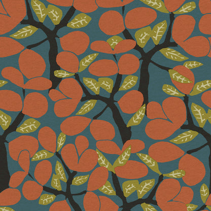 Veer Decor Janneiro Botanica Blue & Orange wallpaper — stylized layered foliage, subtle metallic sheen, non‑woven, washable, paste‑the‑wall botanica design