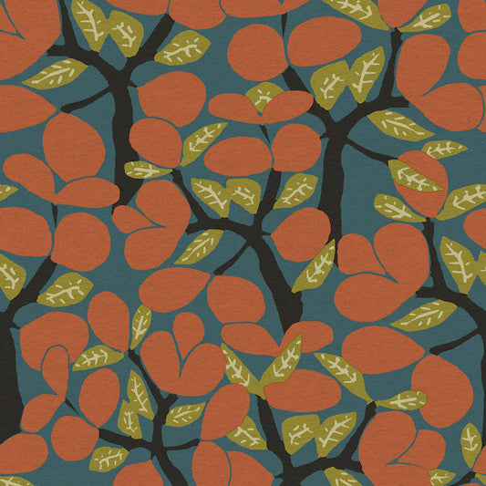 Veer Decor Janneiro Botanica Blue & Orange wallpaper — stylized layered foliage, subtle metallic sheen, non‑woven, washable, paste‑the‑wall botanica design
