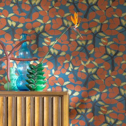 Veer Decor Janneiro Botanica Blue and Orange Wallpaper Nature Mid Century, Transitional, Contemporary Orange  Wallpaper - 8251-AF4