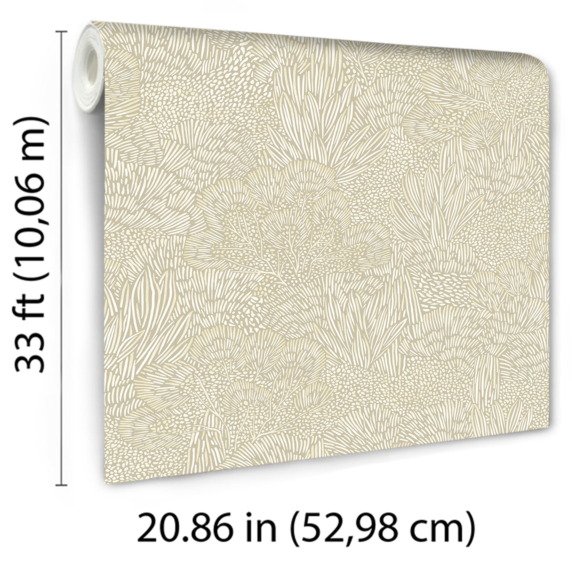 White and grey floral wallpaper roll with botanical pattern, rolled edge; 33 ft long, 20.86 in wide.