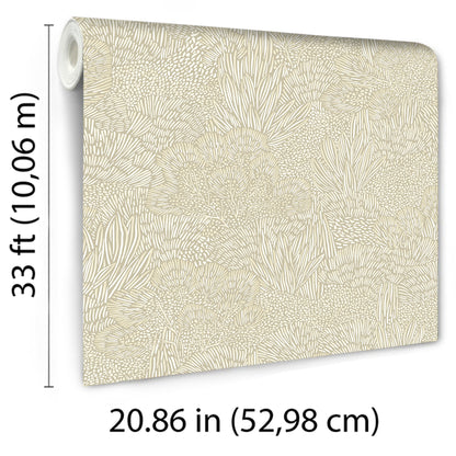 White and grey floral wallpaper roll with botanical pattern, rolled edge; 33 ft long, 20.86 in wide.