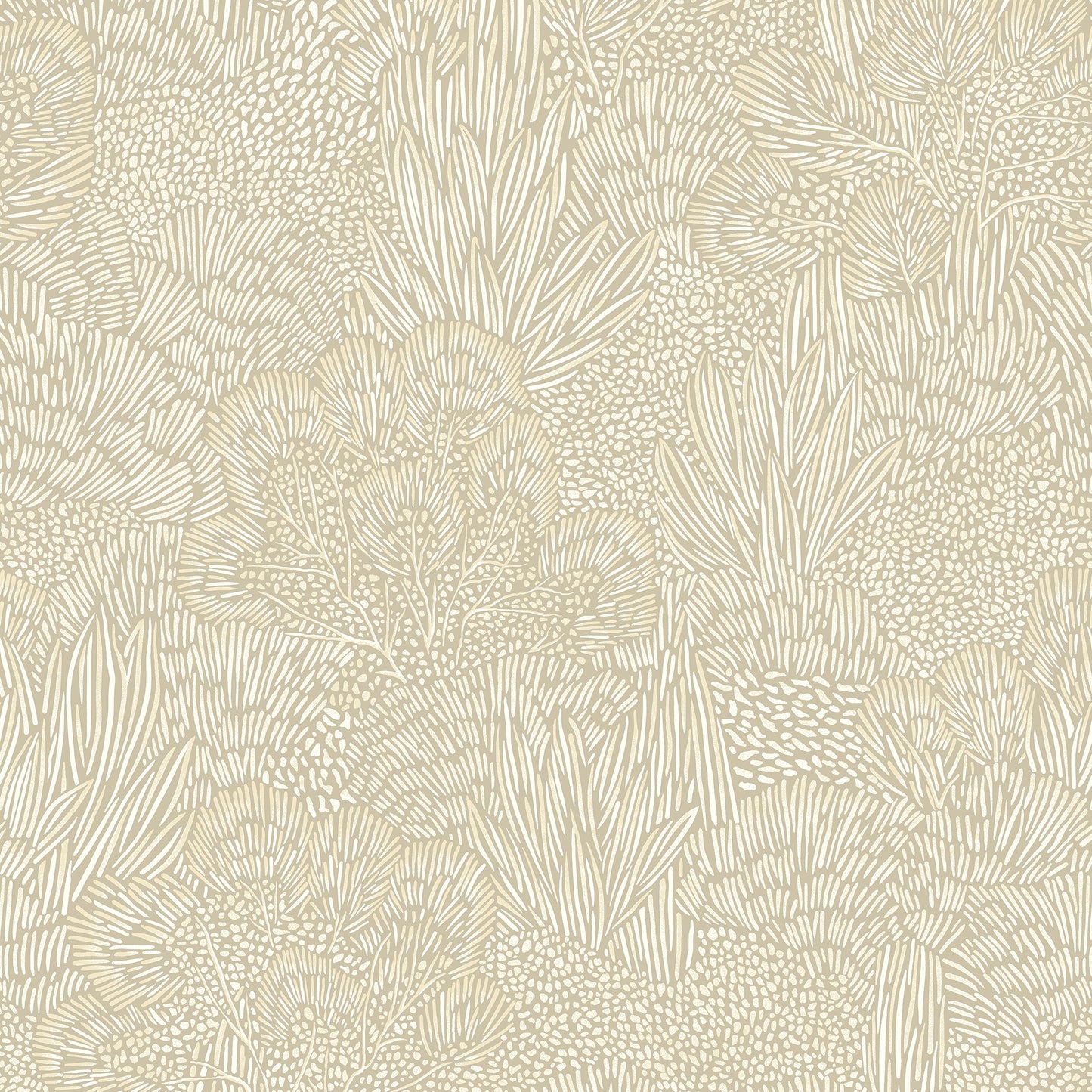 White and grey botanical wallpaper with seaweed-like leaf patterns.