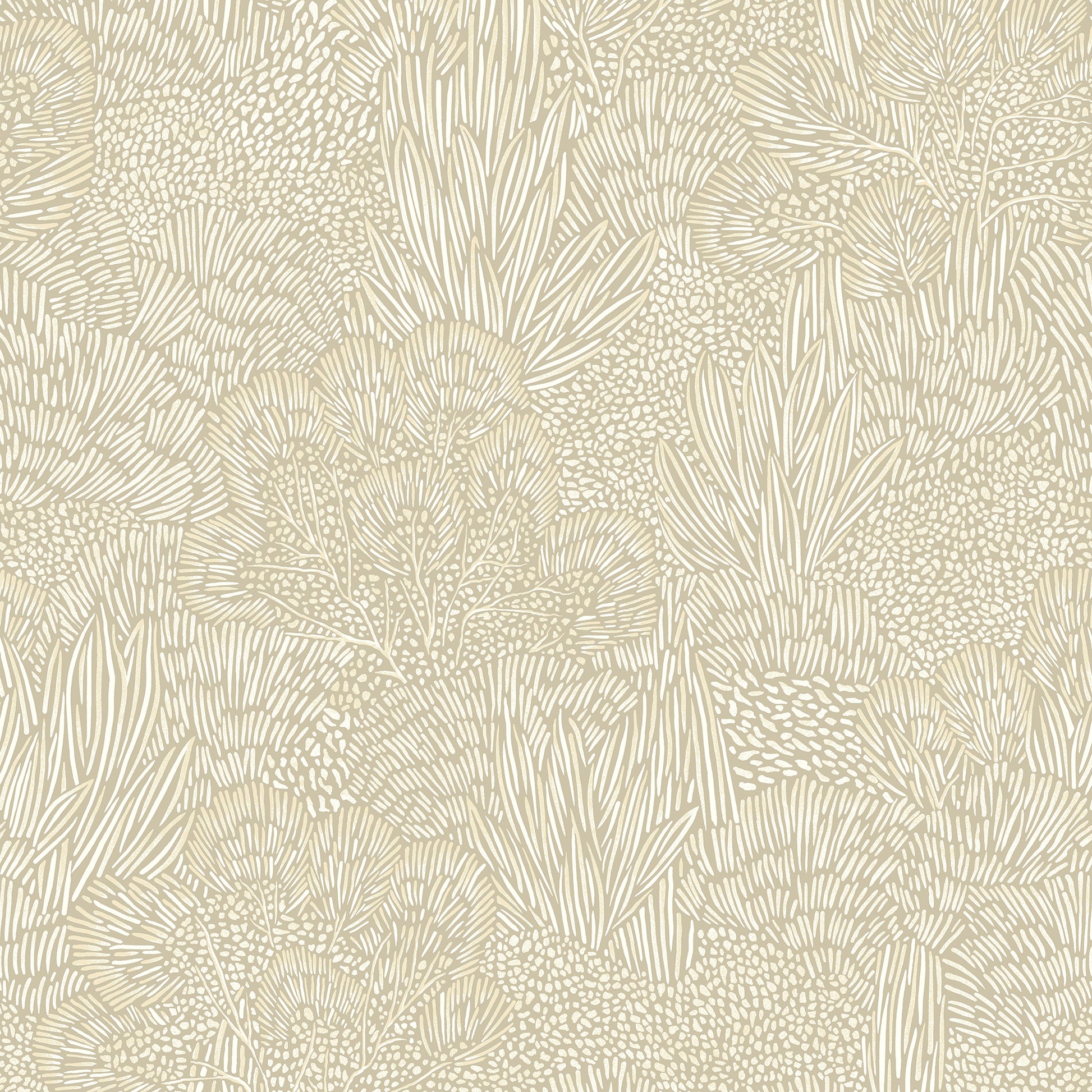 White and grey botanical wallpaper with seaweed-like leaf patterns.