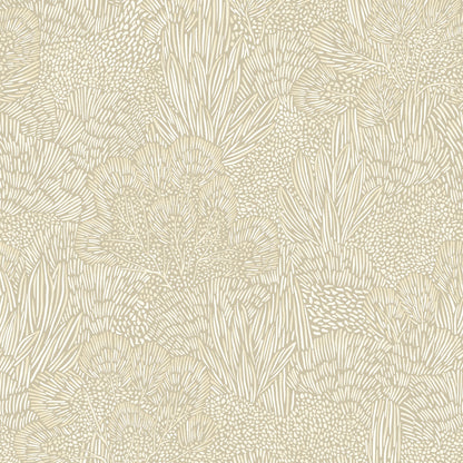 White and grey botanical wallpaper with seaweed-like leaf patterns.