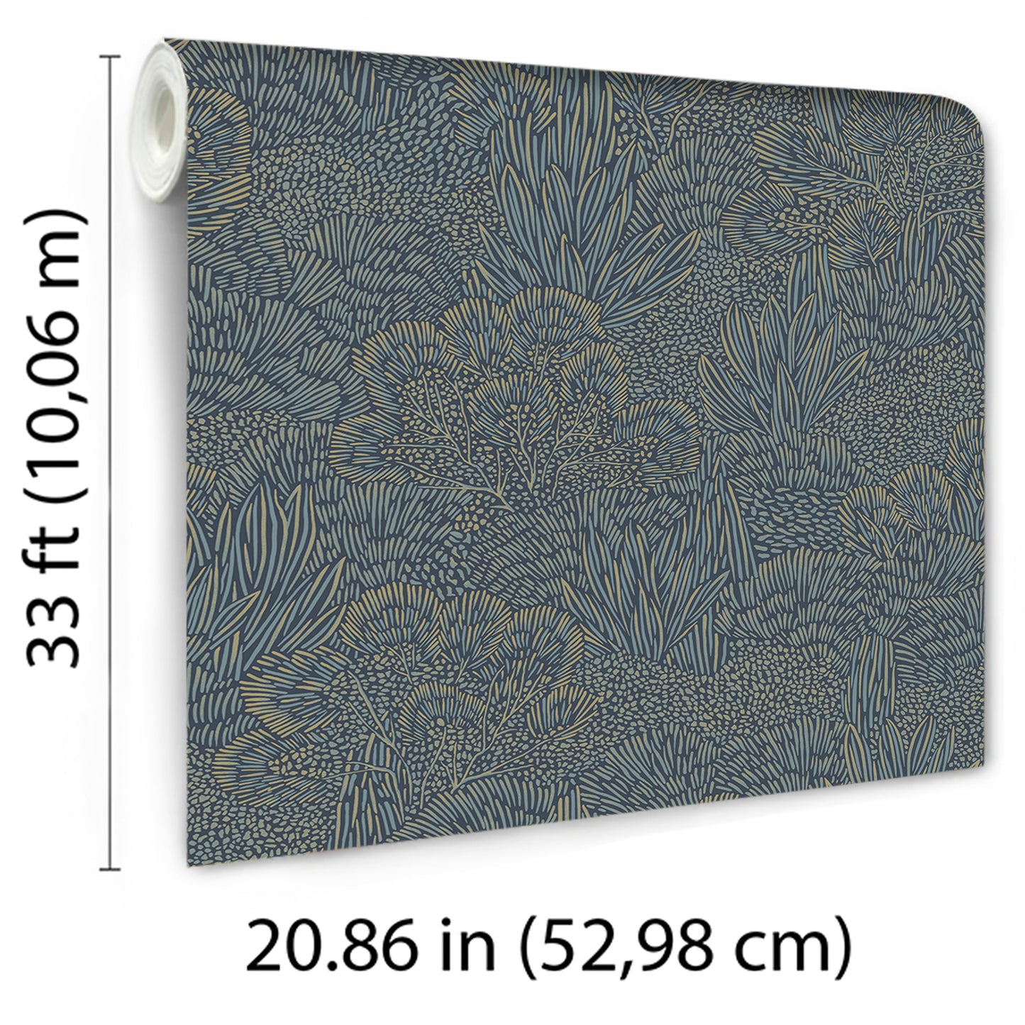 Veer Decor Samba Botanica Blue and Gold Wallpaper Floral Mid Century, Transitional, Contemporary, Traditional Blue  Wallpaper - 8251-AG5