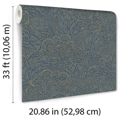 Veer Decor Samba Botanica Blue and Gold Wallpaper Floral Mid Century, Transitional, Contemporary, Traditional Blue  Wallpaper - 8251-AG5