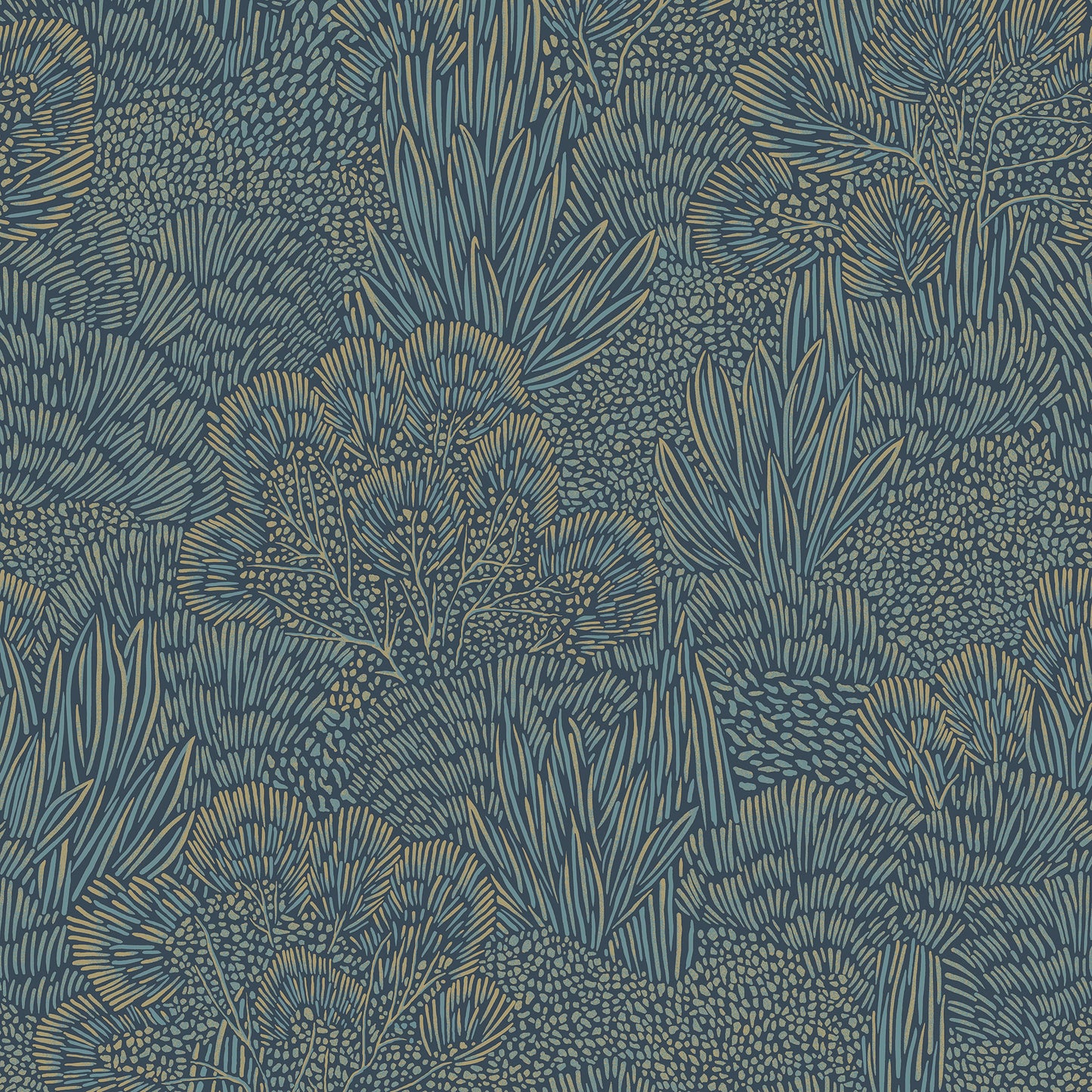 Veer Decor Samba Botanica Blue and Gold Wallpaper Floral Mid Century, Transitional, Contemporary, Traditional Blue  Wallpaper - 8251-AG5
