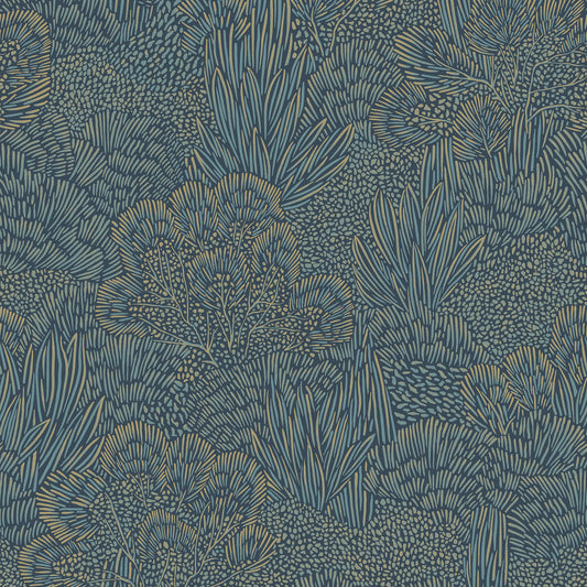 Veer Decor Samba Botanica Blue and Gold Wallpaper Floral Mid Century, Transitional, Contemporary, Traditional Blue  Wallpaper - 8251-AG5
