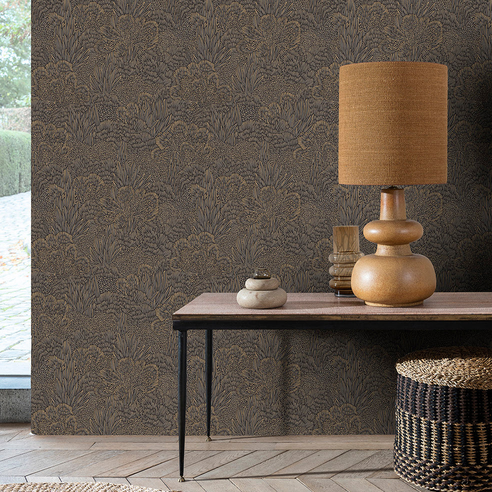 Veer Decor Samba Botanica black and gold wallpaper — striking botanical motif with metallic accents on non‑woven, washable, paste‑the‑wall surface