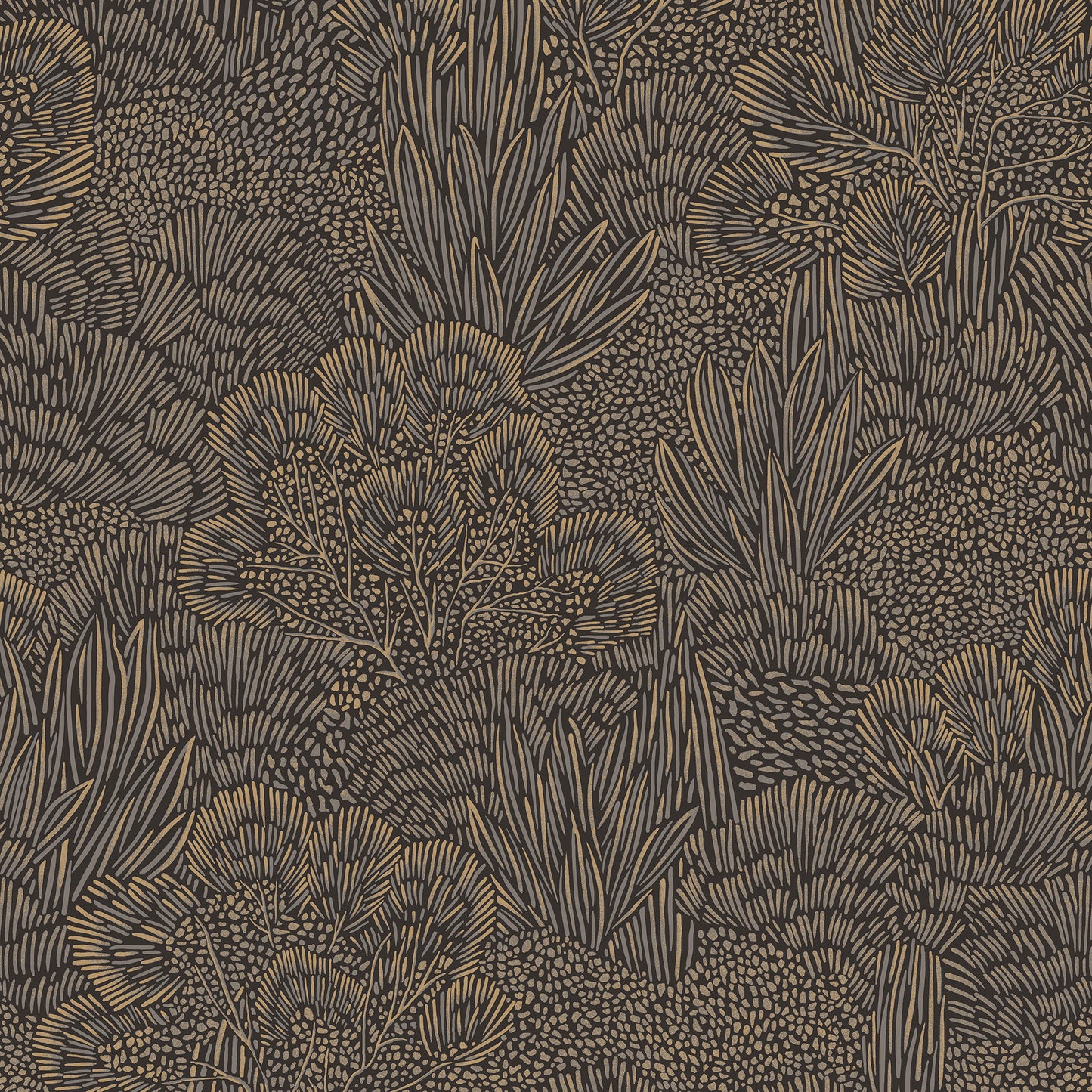 Veer Decor Samba Botanica Black and Gold Wallpaper Floral Mid Century, Transitional, Contemporary, Traditional Black  Wallpaper - 8251-AG6