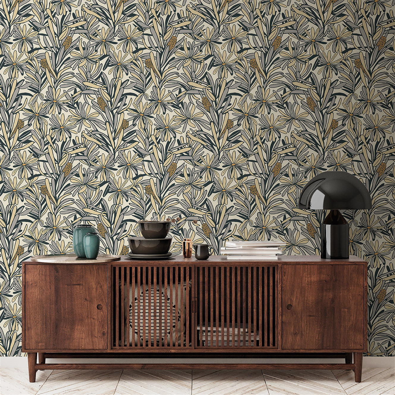 Veer Decor Fandango Bloom White and Grey wallpaper — bold hand‑drawn floral motifs, subtle metallic accents, textural non‑woven vinyl in white and grey tones
