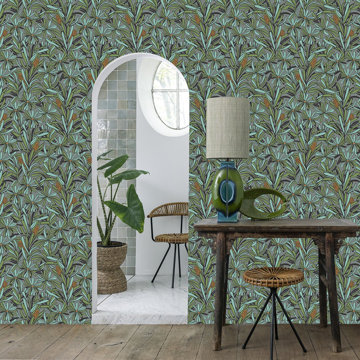 Veer Decor Fandango Bloom Grey and Orange Wallpaper Floral Mid Century, Transitional, Contemporary, Traditional Gray  Wallpaper - 8251-AH2
