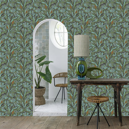 Veer Decor Fandango Bloom Grey and Orange Wallpaper Floral Mid Century, Transitional, Contemporary, Traditional Gray  Wallpaper - 8251-AH2