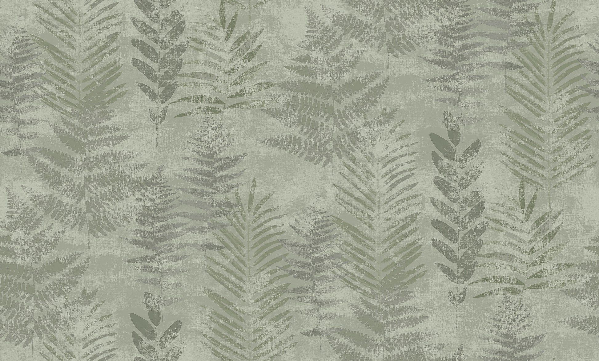 Veer Decor Fern Horizon Green wallpaper — painterly fern silhouettes on textured non‑woven vinyl, full botanical wallcovering in soothing green tones