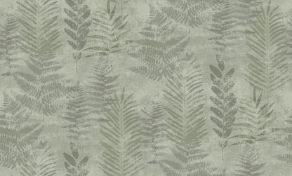 Veer Decor Fern Horizon Green wallpaper — painterly fern silhouettes on textured non‑woven vinyl, full botanical wallcovering in soothing green tones