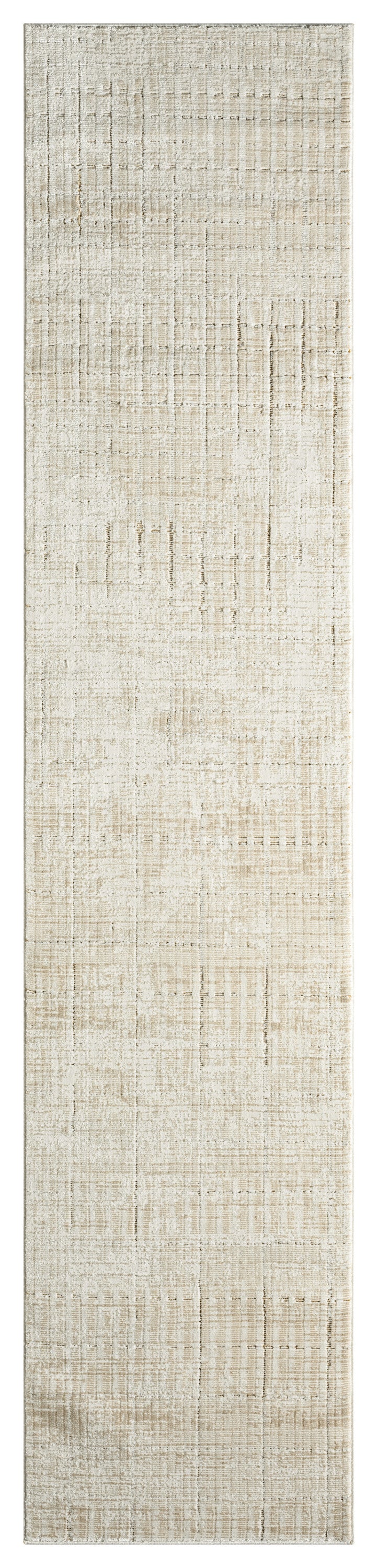 Cream-beige runner rug with subtle distressed grid pattern; soft textured pile for hallway or entryway.
