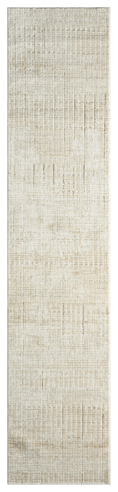Cream-beige runner rug with subtle distressed grid pattern; soft textured pile for hallway or entryway.