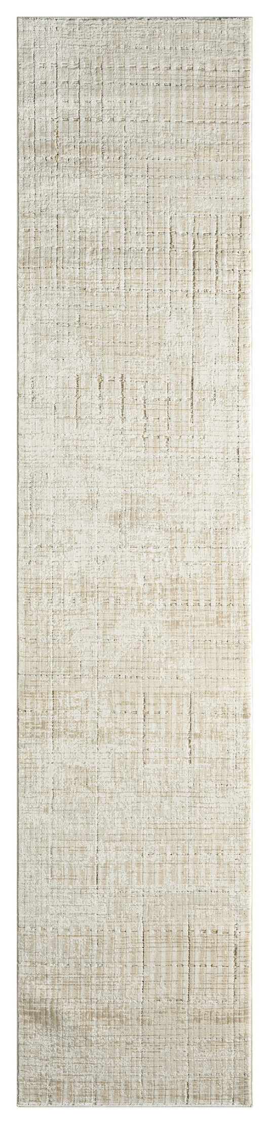 Cream-beige runner rug with subtle distressed grid pattern; soft textured pile for hallway or entryway.
