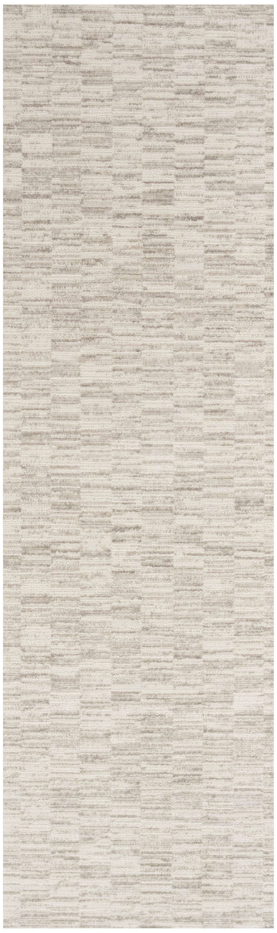 Neutral beige rug runner with subtle cream and taupe woven stripes.